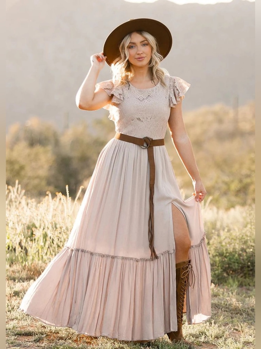 JOYFOLIE MACIENNE Boho Lace Flutter Sleeve Maxi Dress in Taupe